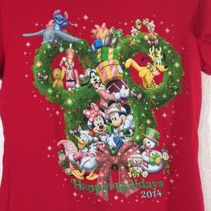 Disney Parks 2014 Christmas Mickey Mouse Minnie Mouse  Red Shirt Size Medium